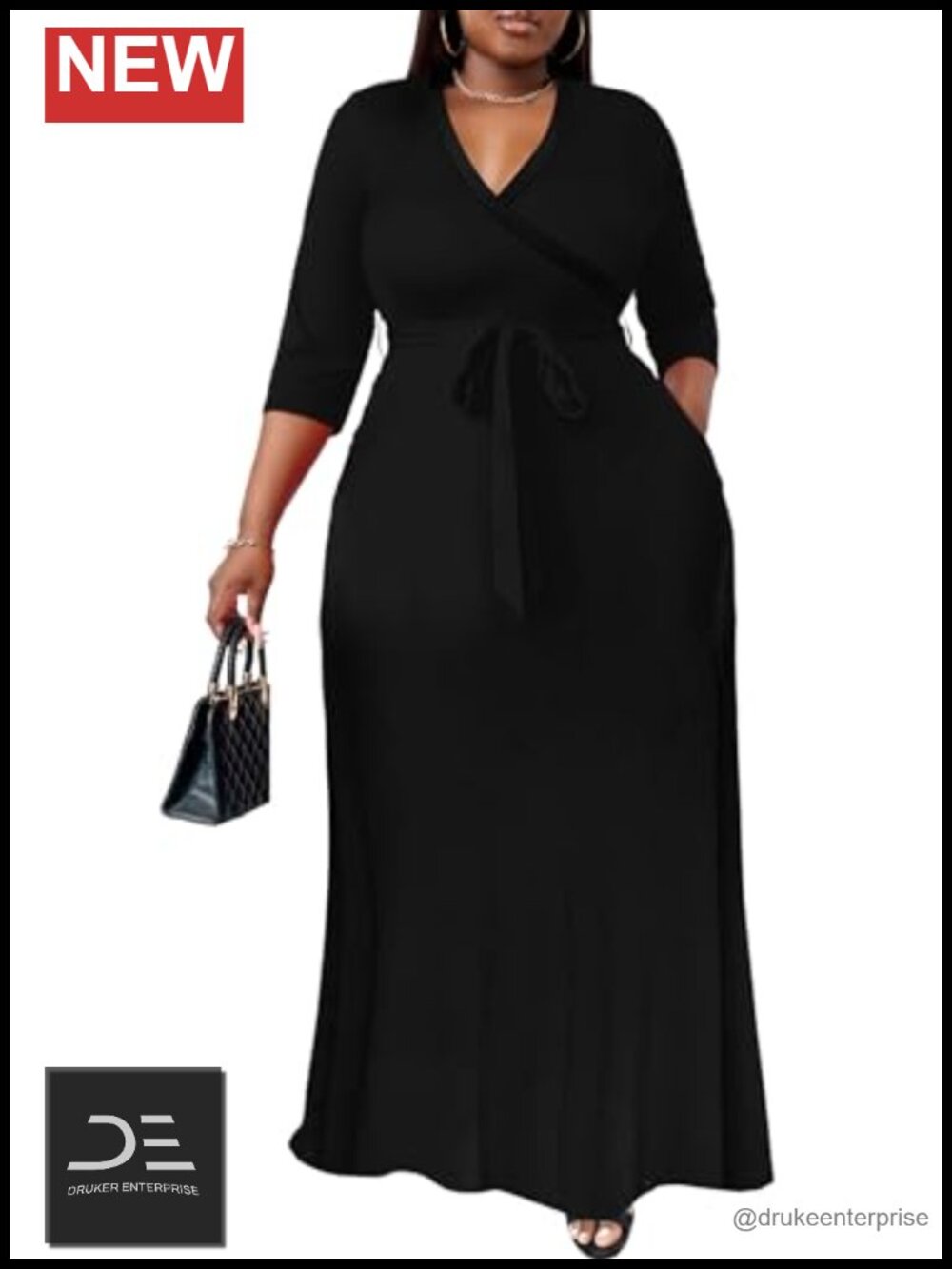 Nmoder Plus Size Maxi Wrap Dress 3/4 Sleeve V-Neck Curvy Women